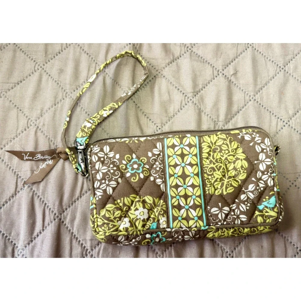 Vera Bradley Night and Day Quilted Cotton Wristlet Brown Green Floral Bird